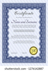 Blue Certificate of achievement. Vector illustration. Printer friendly. Good design. 