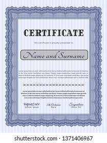 Blue Certificate of achievement. Vector illustration. With complex linear background. Cordial design. 