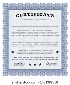 Blue Certificate of achievement. Vector illustration. With complex background. Money Pattern. 