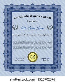 Blue Certificate of achievement. Vector illustration. With guilloche pattern and background. Nice design. 