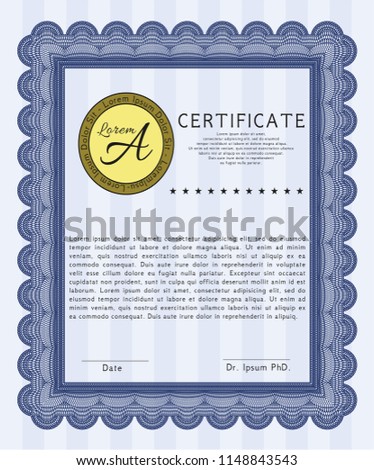 Blue Certificate of achievement. Vector illustration. With complex linear background. Beauty design. 