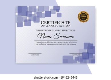 Certificado azul de apreciación, fondo geométrico.