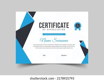 Plantilla de certificado de apreciación azul, certificado moderno limpio con insignia, plantilla de vector de certificado.