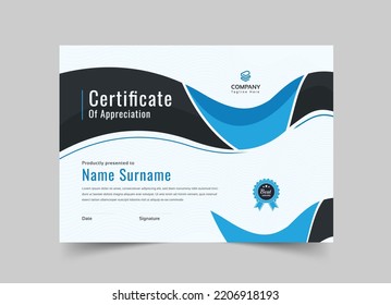 Blue certificate of appreciation template, Clean modern certificate with badge, Certificate vector template
