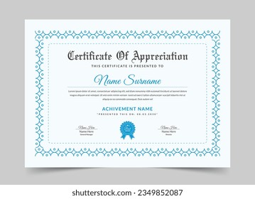 Blue certificate of appreciation template, Clean modern certificate with badge, Certificate vector template