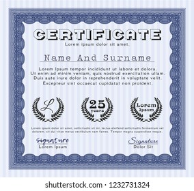 Blue Certificate. Beauty design. Vector illustration. Printer friendly. 