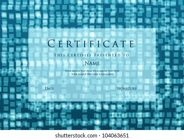 Blue certificate of completion template with squares / pixels background. This design usable for diploma, gift voucher, coupon, official or different awards. Vector illustration