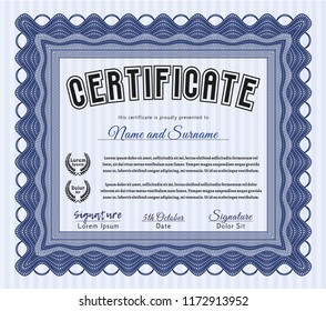 Blue Certificate. With complex background. Detailed. Money Pattern. 
