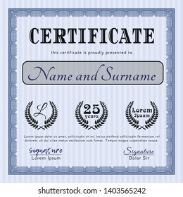 Blue Certificate. Complex background. Elegant design. Detailed. 