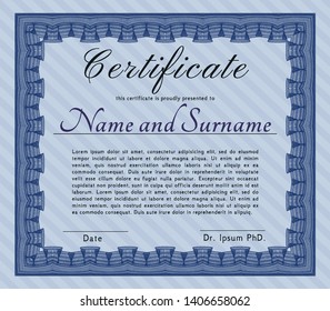 Blue Certificate. Complex background. Excellent design. Vector illustration. 