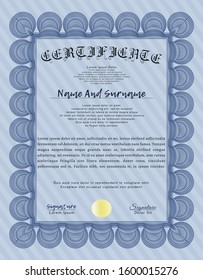 Blue Certificate. Complex background. Retro design. Vector illustration. 