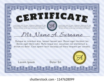 Blue Certificate. Complex background. Superior design. Detailed. 