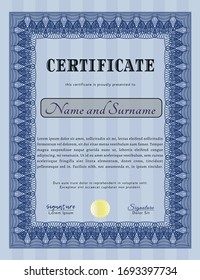 Blue Certificate. With complex background. Vector illustration. Beauty design. 