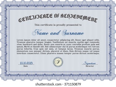 Certificado azul. Diseño complejo. Detallado. Fácil de imprimir. 