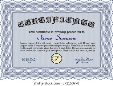 Blue Certificate. Complex design. Detailed. Printer friendly. 