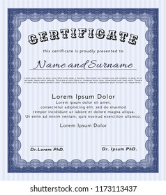 Blue Certificate. With complex linear background. Detailed. Elegant design. 