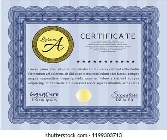 Blue Certificate. With complex linear background. Detailed. Superior design. 