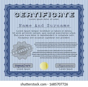 Blue Certificate. With complex linear background. Good design. Detailed. 