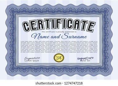 Blue Certificate. Cordial design. Customizable, Easy to edit and change colors. With guilloche pattern. 