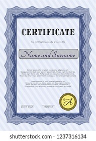 Blue Certificate. Cordial design. With guilloche pattern. Detailed. 