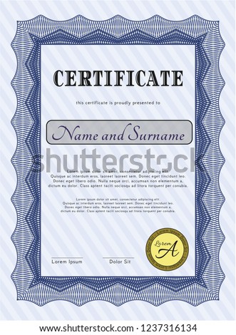Blue Certificate. Cordial design. With guilloche pattern. Detailed. 