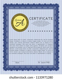 Blue Certificate. Detailed. Complex background. Nice design. 