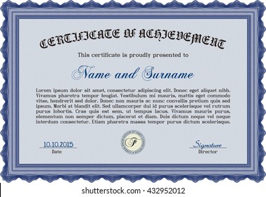 Blue Certificate. Detailed. Complex design. Printer friendly. 