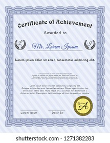 Blue Certificate. Detailed. With complex linear background. Superior design. 