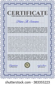 Blue Certificate. Detailed. Printer friendly. Complex design. 