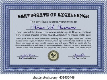 Blue Certificate. Detailed. Printer friendly. Complex design. 