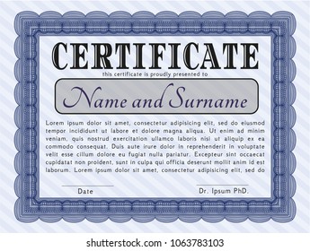 Blue Certificate diploma or award template. Money Pattern. Printer friendly. Detailed. 