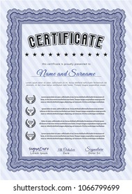  Blue Certificate diploma or award template. Vector illustration. With complex linear background. Cordial design. 