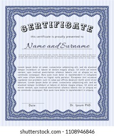  Blue Certificate diploma or award template. Detailed. Complex background. Beauty design. 
