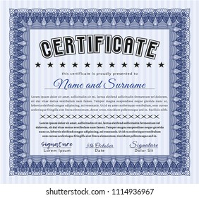 Blue Certificate diploma or award template. With great quality guilloche pattern. Vector illustration. Elegant design. 