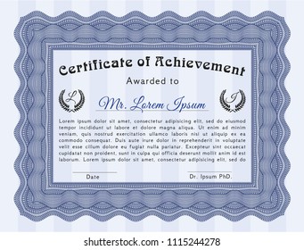 Blue Certificate diploma or award template. Detailed. With guilloche pattern and background. Elegant design. 