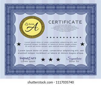 Blue Certificate diploma or award template. With linear background. Customizable, Easy to edit and change colors. Perfect design. 