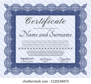 Blue Certificate diploma or award template. With linear background. Detailed. Superior design. 