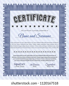 Blue Certificate diploma or award template. Easy to print. Detailed. Money design. 