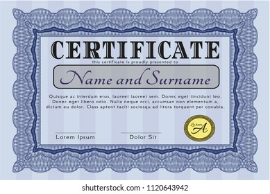 Blue Certificate diploma or award template. Money design. Vector illustration. Printer friendly. 