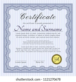 Blue Certificate diploma or award template. Customizable, Easy to edit and change colors. With guilloche pattern and background. Beauty design. 