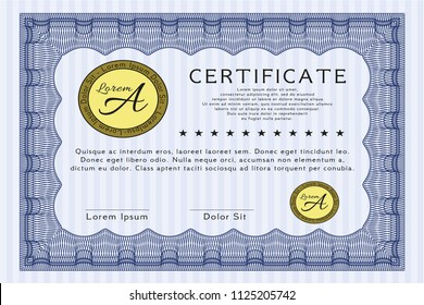 Blue Certificate diploma or award template. Detailed. With great quality guilloche pattern. Good design. 