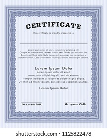 Blue Certificate diploma or award template. Cordial design. With great quality guilloche pattern. Detailed. 