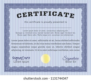 Blue Certificate diploma or award template. With linear background. Money design. Customizable, Easy to edit and change colors. 