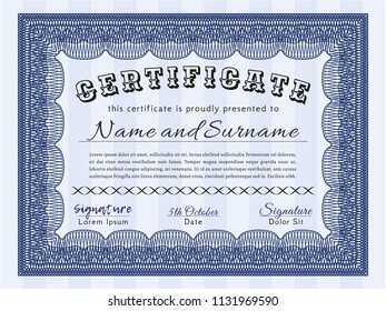 Blue Certificate diploma or award template. With quality background. Beauty design. Detailed. 