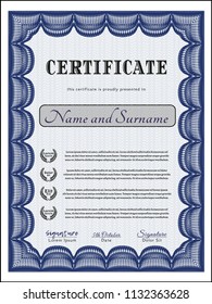Blue Certificate diploma or award template. Money design. With guilloche pattern and background. Vector illustration. 