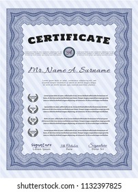 Blue Certificate diploma or award template. With complex background. Sophisticated design. Vector illustration. 