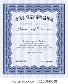 Blue Certificate diploma or award template. Retro design. With complex linear background. Vector illustration. 