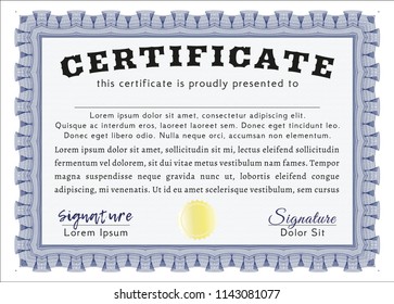 Blue Certificate diploma or award template. Customizable, Easy to edit and change colors. With guilloche pattern and background. Cordial design. 