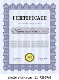 Blue Certificate diploma or award template. With quality background. Cordial design. Customizable, Easy to edit and change colors. 
