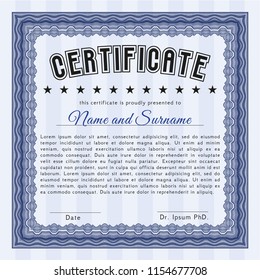 Blue Certificate diploma or award template. With complex background. Excellent design. Vector illustration. 